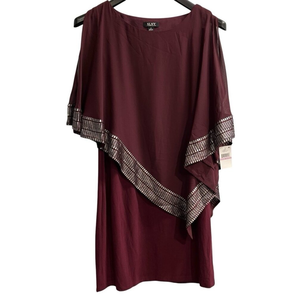 SLNY‎ Fashions Dress Dark Red Sheath Capelet Asymmetric Overlay Size 6 Event